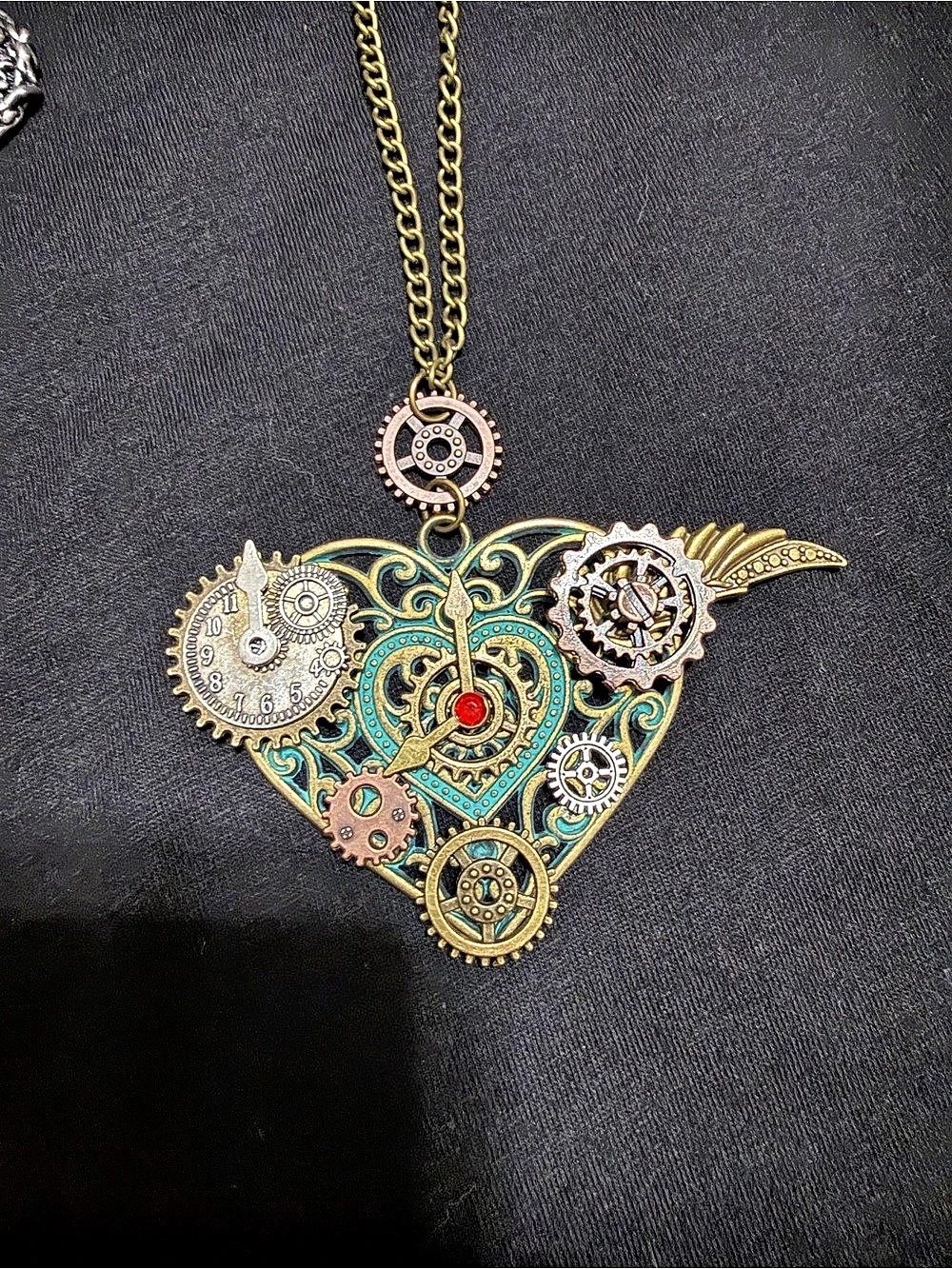 Steampunk Heartwing Necklace Pendant in Gold & Blue